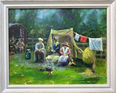 Lot 41 - Julie Walsh, Artist at Julie Swan Art oil on canvas, Plein Air - Afternoon Tea, 34cm x 42cm framed