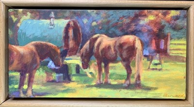 Lot 44 - Louise Harward acrylic on Canvas - Romany Camp, 18.5cm x 33cm framed