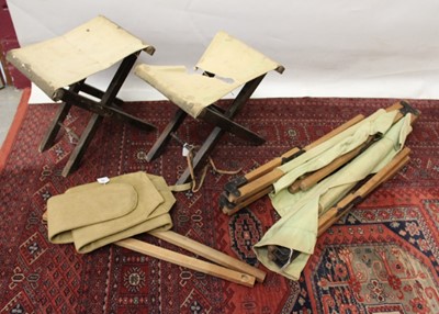 Lot 938 - Second World War canvas webbing gun slip, marked N.W&S Ltd 1943, together with a Second World War campaign folding bed and two similar folding stools.