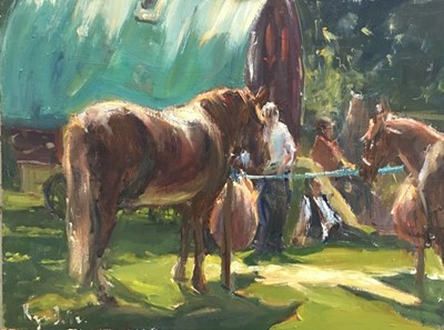 Lot 64 - Roger Dellar ROI PS RI oil on board - Tetherered Suffolk Punches 23cm x 30cm unframed