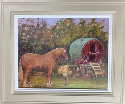 Lot 66 - Sarah Allbrook oil on board - Romany Set Up at Munnings Museum, 43cm x 50cm framed