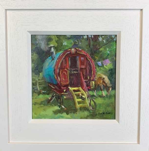 Lot 73 - Sue Williams oil on board, Plein Air - Chickens by the Wagon, 34cm x 34cm framed
