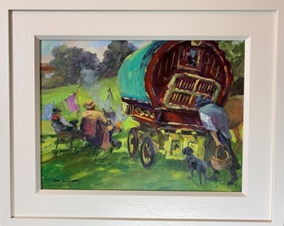 Lot 76 - Sue Williams oil on board, Plein Air - Flora at the Wagon, 44cm x 54cm framed