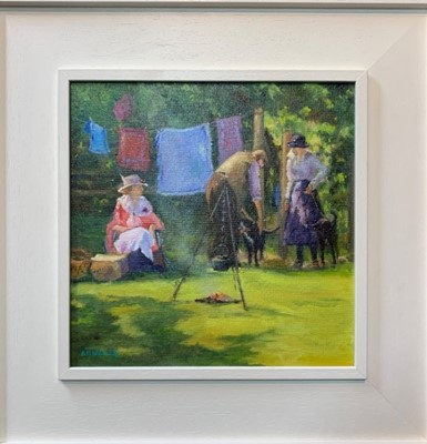 Lot 77 - Sue Wilmer oil on canvas board - Kettle on for Tea, 39cm x 39cm framed