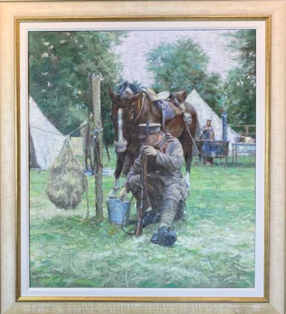 Lot 80 - Dennis Syrett FROI RSMA RBA oil on canvas - Best Mates, 76cm x 51cm framed 
  
N.B. First World War Camp Re-Enactment: Painted at the Museum in 2019