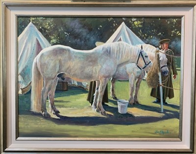 Lot 83 - John Fitzgerald oil on canvas - Two Greys Feeding, 80cm x 60cm 
  
N.B. First World War Camp Re-Enactment: Painted at the Museum in 2019