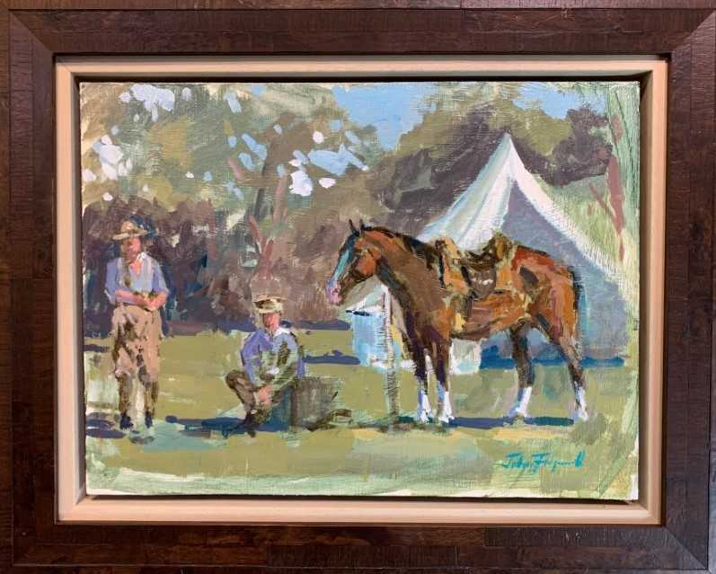 Lot 84 - John Fitzgerald acrylic - Study Soldiers/Horse, 40cm x 30cm 
  
N.B. First World War Camp Re-Enactment: Painted at the Museum in 2019