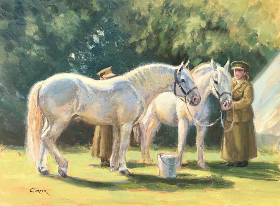 Lot 87 - Elizabeth Turner oil - Ladies and their Greys, 30cm x 40cm 
  
N.B. First World War Camp Re-Enactment: Painted at the Museum in 2019