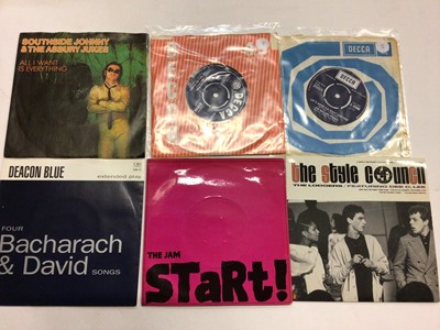 Lot 2244 - Box of 100 plus single records including Jam, Joy Division, Deacon Blue, Blueskins, Cars, Southside Johnny, Style Council together with sixties artists and selection of Flexi discs. most appear Ex.