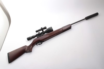 Lot 1060 - Air Rifle- Remington Express XP .22 Calibre Break Barrel Air Rifle, blued barrel fitted with a sound moderator, with stained beech chequered semi pistol grip stock, set with an SMK 3-9x32 scope, in...