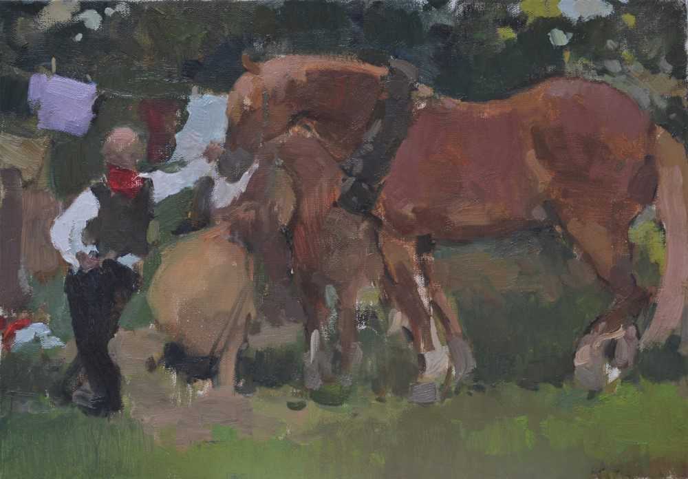 Lot 88 - Julia Hawkins oil - Feeding the Horses, 29.5cm x 42cm unframed