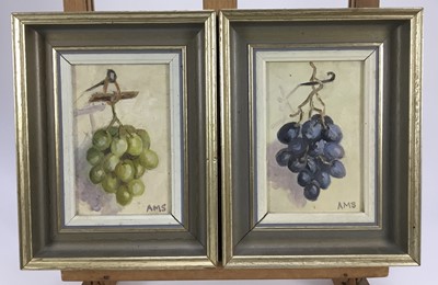 Lot 96 - Ann Swanton (1911-?) pair of oils on board - still life of grapes, initialled, 14cm x 9c, framed