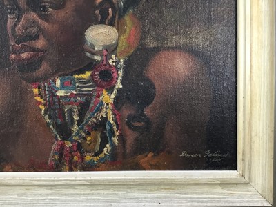Lot 99 - Doreen Galanis, mid 20th century, pair of oils on board - an African chieftain and a lady in tribal beads, signed, one dated 1945, 29cm x 24.5cm, framed