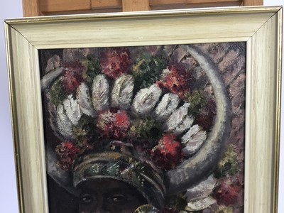 Lot 99 - Doreen Galanis, mid 20th century, pair of oils on board - an African chieftain and a lady in tribal beads, signed, one dated 1945, 29cm x 24.5cm, framed