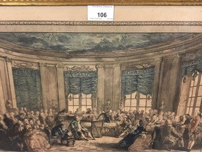 Lot 106 - Antique French hand coloured etching - Le Concert, in carved giltwood frame, overall size 42cm x 54cm