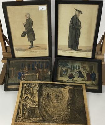 Lot 107 - Richard Dighton, pair of hand coloured etchings - 'The Father of the Corporation of Oxford' and 'A View from Oriel College, Oxford', together with a pair of hand coloured etchings, The Prodigal Son...