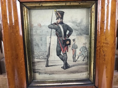 Lot 108 - Three Victorian prints in maple frames, a soldier, 19 x 17cm overall, a fairy, 20cm x 16.5cm overall and Queen Victoria, 29cm x 23.5cm overall