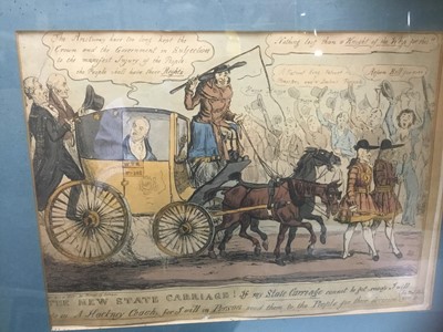 Lot 62 - Four antique hand coloured etchings published by Fores and Humphrey entitled; 'Reflection', 'Rusticating', 'Nashional Taste!!!' and 'The New State Carriage', each in glazed gilt frame
