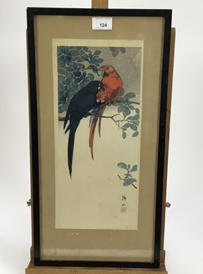 Lot 124 - Japanese woodblock by Ito Sozan (1884-1923)  - Red and Blue Macaws, circa 1925, published by Shozaburo Otanzaku Tat-e, 38cm x 17cm, in glazed frame