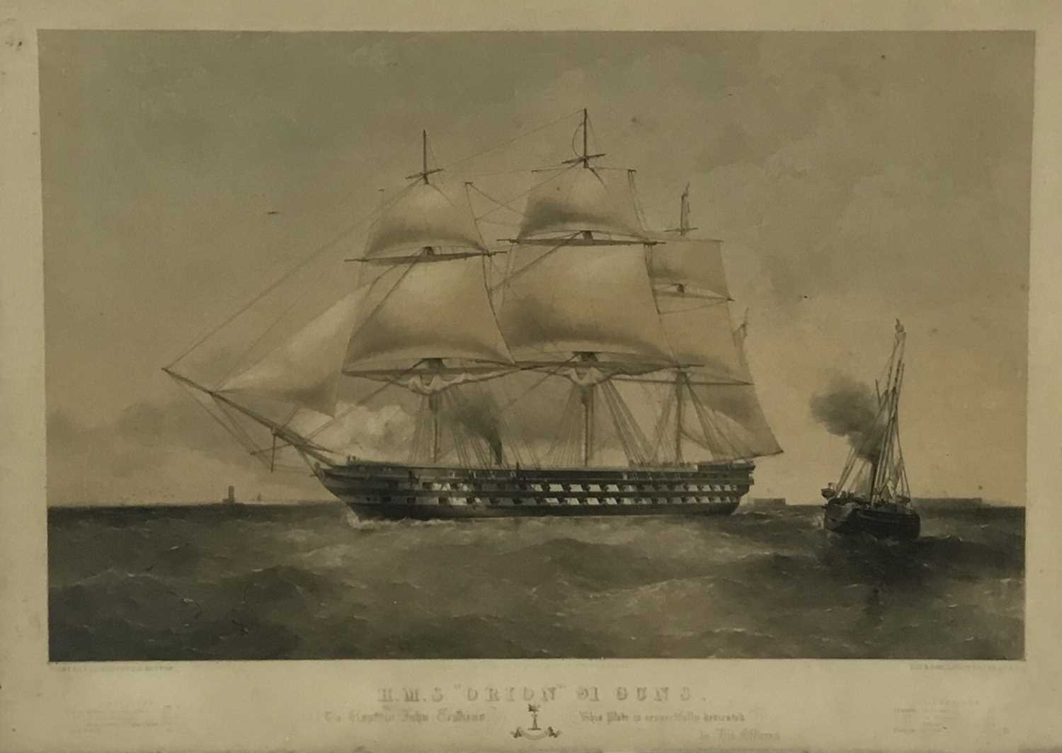 Lot 129 - Victorian black and white lithograph by T. G. Dutton - H.M.S. "Orion", 91 Guns, published by Day & Son, circa 1854, 52cm x 70cm, in glazed gilt frame