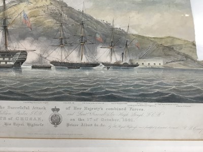 Lot 131 - Early Victorian aquatint part printed in colours with hand colouring by Henry Papprill after W. Joy - 'This View of the Successful Attack of Her Majesty's combined forces upon the Heights of Chusan...