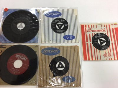 Lot 2271 - Box of approx 200 single records and EP's including Brenda Lee - Brunswick 0575S, Bill Haley HLF 8161, Solitaires HLM 8745, Fats Domino IMP 139 and Beatles, Rolling Stones, Badfinger, Tymes, Buddy...