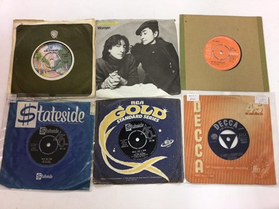 Lot 2272 - Box of approx 180 single records including Chiffons, Mitch Ryder, John Lee Hooker, American Breed, Tams, Gene Pitney, Beatles, Wilson Pickett, Stephen Stills, Arthur Conley, Don Covay and the Goodt...