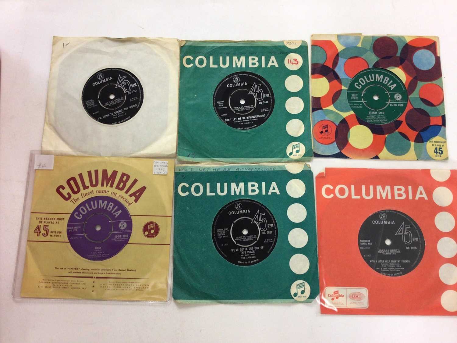 Lot 2277 - Box of single records and some sleeveless EP's on the Columbia label (approx 170), including Peter & Gordon, Georgie Fame, Chubby Checker, Michael Holliday, Animals, Young Idea, Karlins, Ames Broth...