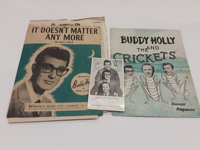 Lot 1596 - Buddy Holly autograph on postcard as part of The Crickets with 1958 ticket stub and Souvenir Program plus some ephemera.