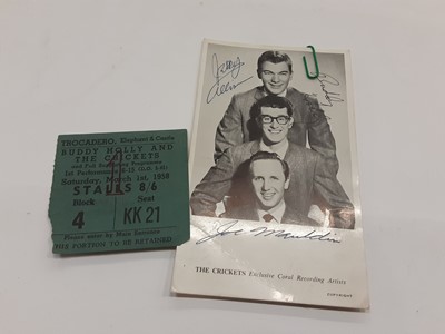 Lot 1596 - Buddy Holly autograph on postcard as part of The Crickets with 1958 ticket stub and Souvenir Program plus some ephemera.