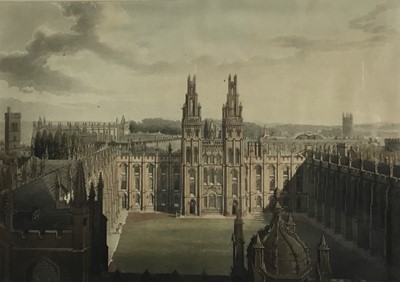 Lot 196 - Early 19th century hand coloured aquatint by J. Bluck after Pugin - All Souls taken from the top of the Radcliffe Library, published for Ackermann's 1814, 26cm x 41cm, in glazed frame