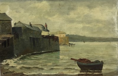 Lot 203 - C. H. Whitworth, early 20th century, oil on canvas - A Grey Day, Newlyn, signed, inscribed verso, 21cm x 31cm, unframed