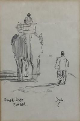 Lot 205 - David Wood (1933-1996) pencil drawing - Jaipur, another pencil drawing of a town street and an ink and watercolour of a figure in an interior, each in glazed gilt frame (3)