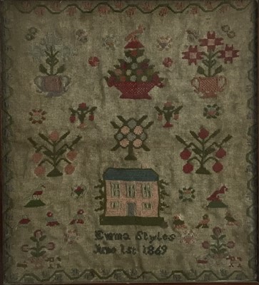 Lot 208 - Victorian sampler depicting a cottage and flora, named Emma Styles 1869, 31cm x 28cm,together with another with numbers and alphabet, 45cm x 19.5cm, in glazed frames