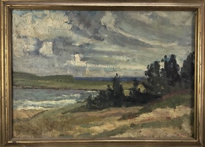 Lot 209 - Danish School, 20th century, oil on canvas - River Landscape, initialled, 51cm x 73cm, in gilt frame