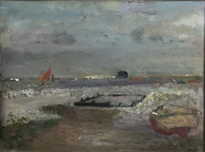 Lot 213 - Fid Harnack RSMA (1897-1983) - oil on canvas in painted frame 'Oyster pits at high water, West Mersea' gallery label verso. 30cm x 40cm