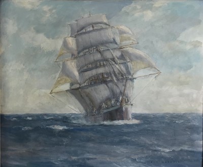 Lot 214 - Fid Harnack RSMA (1897-1983) - oil on board in frame depicting a sailing ship at sea, label verso, titled 'Four masted barque, 1958'. 49cm x 59.5cm.