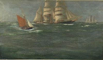 Lot 215 - Fid Harnack RSMA (1897-1983) - large oil on canvas depicting ships and yachts at sea, 52cm x 90cm.