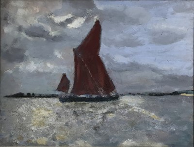 Lot 217 - Fid Harnack RSMA (1897-1983) - oil on canvas depicting a sailing barge at sea off the coast of Mersea. 30cm x 40cm.