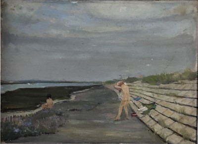 Lot 218 - Fid Harnack RSMA (1897-1983) - oil on board depicting nude bathers, Colchester Art Society Autumn Exhibition 1959, 'Sea wall, West Mersea'. 35.5cm x 48.5cm.