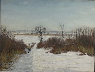 Lot 219 - Fid Harnack RSMA (1897-1983) - oil on board depicting figure in a snowy field, titled 'Winter'. 37cm x 48cm.