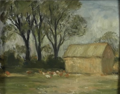 Lot 220 - Fid Harnack RSMA (1897-1983) - two oils on board depicting a corn field with chickens and hayrick, 39cm x 50cm and another similar hay making scene, 21cm x 25.5cm (2)