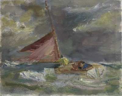 Lot 221 - Fid Harnack RSMA (1897-1983) - group of three oils to include an unframed oil on canvas depicting a sailing boat in squally seas, 40cm x 50cm, another of a sailing boat in moonlit waters, 27cm x 34...