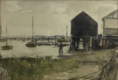 Lot 222 - Fid Harnack RSMA (1897-1983) - group of four watercolours to include a pen and watercolour of the oyster sheds at West Mersea, 24cm x 34cm, fishing boat at low tide West Mersea, 23cm x 33cm, and tw...