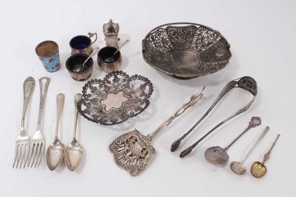 Lot 157 - Chinese white metal bonbon dish with pierced and embossed decoration, together with an Eastern white metal dish, sugar tongs, silver cruet set and sundry silver items (various dates and makers)