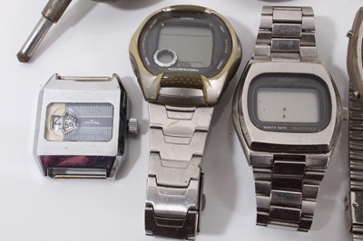 Lot 173 - Group of LCD wristwatches to include Seiko, Midas and Casio, together with an Ingersoll open faced pocket watch and other watches.
