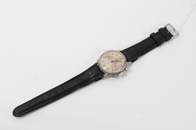 Lot 185 - 1950s Leonidas stainless steel chronograph wristwatch, inner back case numbered 805145, on black leather strap