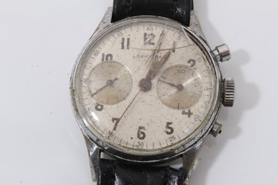 Lot 185 - 1950s Leonidas stainless steel chronograph wristwatch, inner back case numbered 805145, on black leather strap