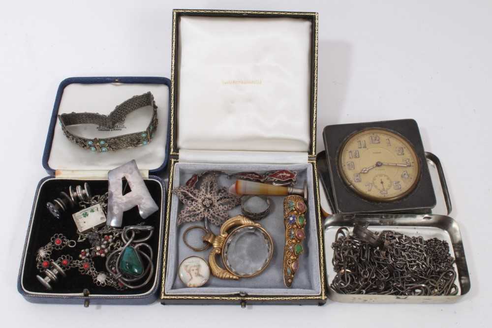 Lot 193 - Group silver and white metal jewellery including Eastern jewellery, various chains, enamelled panel bracelet, agate seal, other jewellery and 1920s travel clock