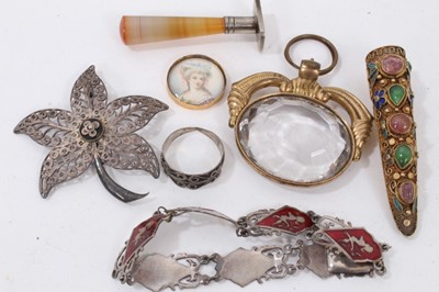 Lot 193 - Group silver and white metal jewellery including Eastern jewellery, various chains, enamelled panel bracelet, agate seal, other jewellery and 1920s travel clock